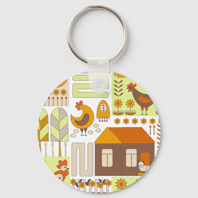 Rooster, hens, geometric floral drawing. key ring (Front)