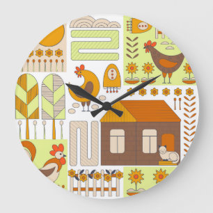 Rooster, hens, geometric floral drawing. large clock