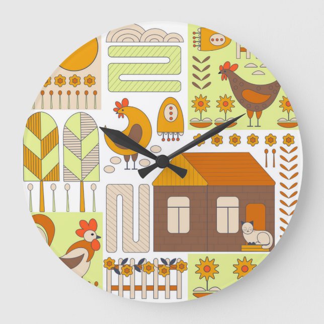 Rooster, hens, geometric floral drawing. large clock (Front)
