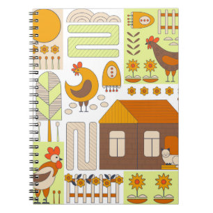 Rooster, hens, geometric floral drawing. notebook