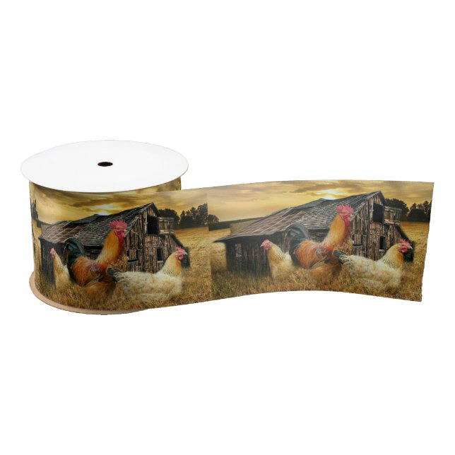 Rooster Hens Rustic Barn Coop Satin Ribbon (Spool)