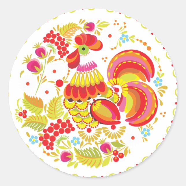 Rooster Hohloma Classic Round Sticker (Front)