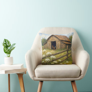 Rooster in a Barnyard Oil Painting Cushion