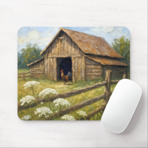 Rooster in a Barnyard Oil Painting Mouse Mat