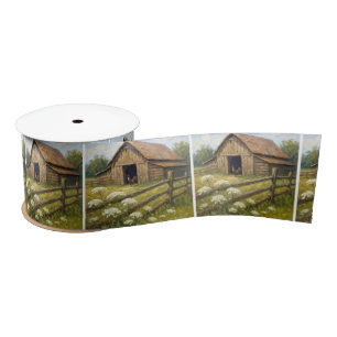 Rooster in a Barnyard Oil Painting Satin Ribbon