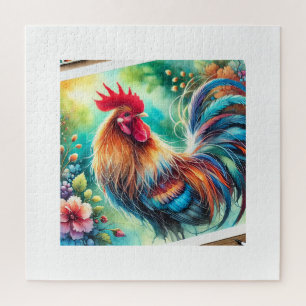 Rooster in Morning Light 010924AREF133 - Watercolo Jigsaw Puzzle