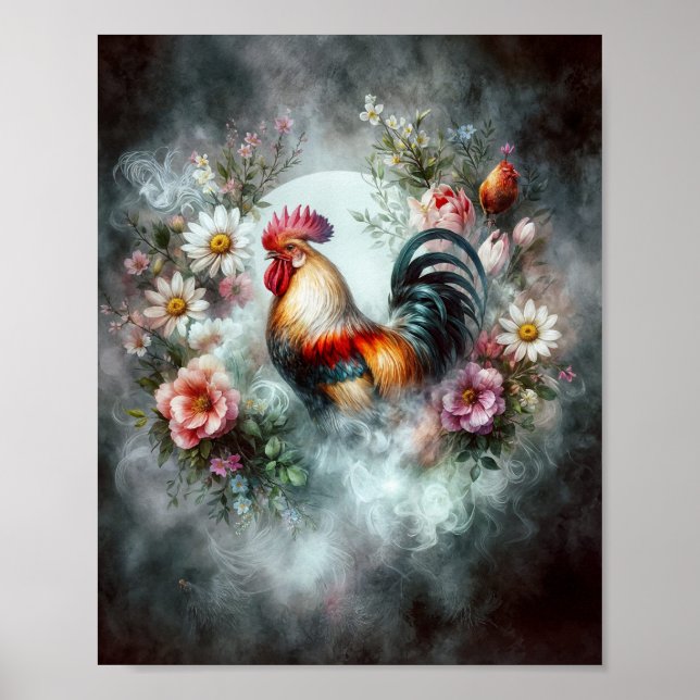 Rooster in Smokey Wreath Digital Poster (Front)