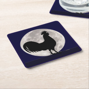 Rooster in the Moonlight Square Paper Coaster