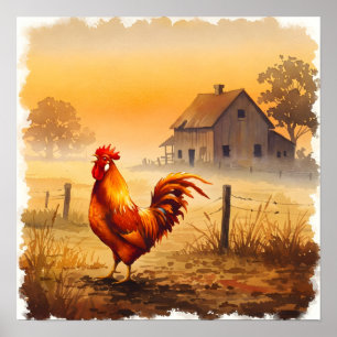 Rooster in The Morning Light Farmhouse  Poster