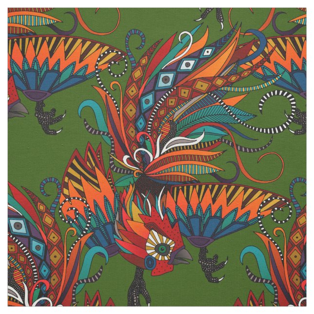rooster ink green fabric (Swatch)