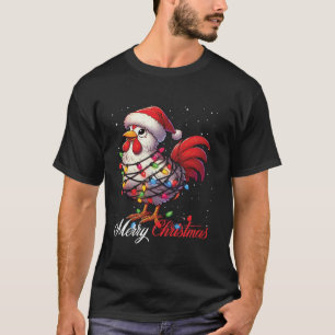 Rooster Merry Christmas Lights Santa Hat Xmas Snow T-Shirt