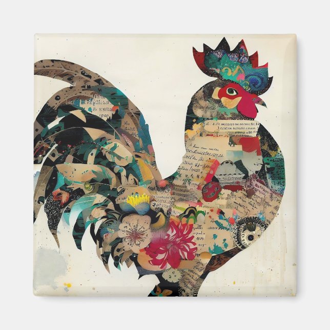 Rooster Mixed Media Art Collage Magnet (Front)