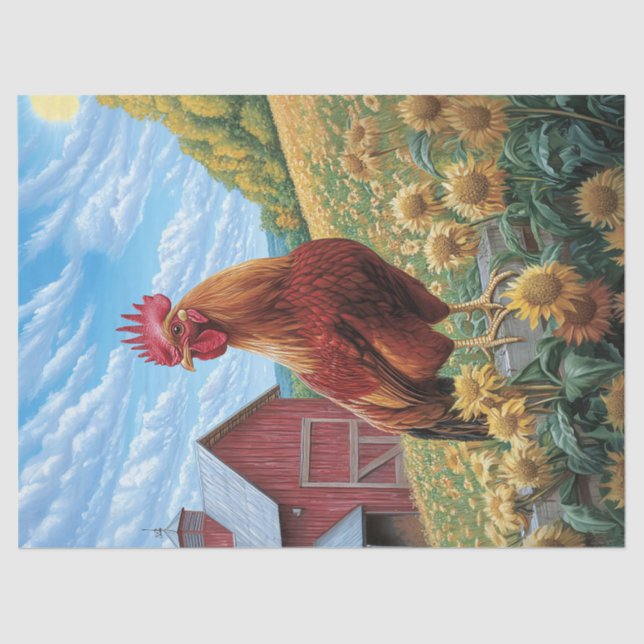 Rooster on a Sunflower Farm Painting Decoupage Tissue Paper (Front)