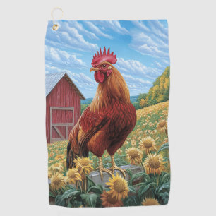Rooster on a Sunflower Farm Painting Golf Towel