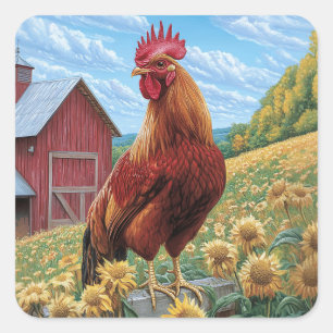 Rooster on a Sunflower Farm Painting Square Sticker