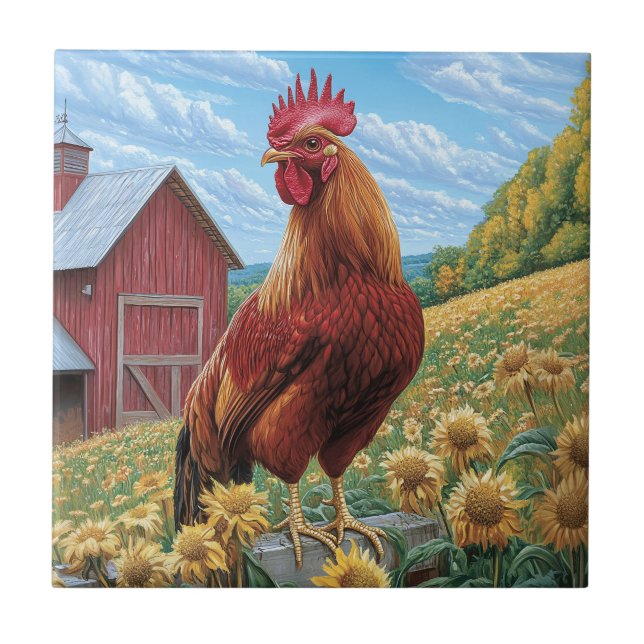 Rooster on a Sunflower Farm Painting Tile (Front)