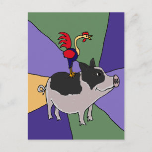 Rooster on Pig Colourful Folk Art Postcard