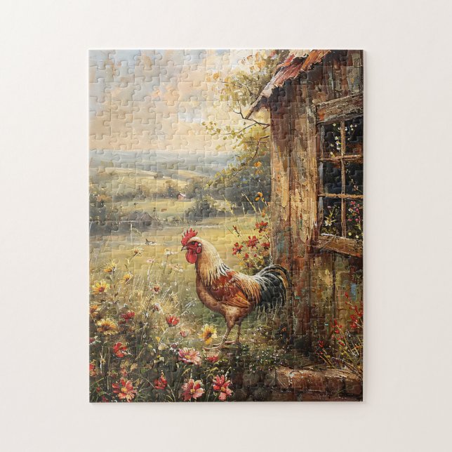 Rooster on the Farm Painting Rustic Jigsaw Puzzle (Vertical)