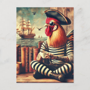 Rooster Pirate With a Coffee Postcard