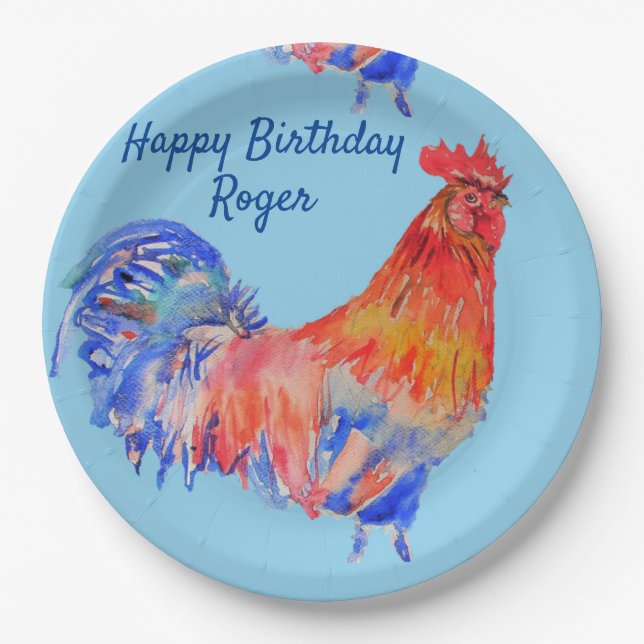 Rooster Red Watercolor Birthday Party Paper Plate (Front)