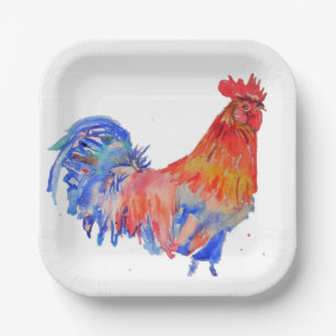 Rooster Red Watercolor Birthday Party Paper Plate