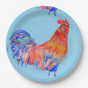 Rooster Red Watercolor Birthday Party Paper Plate