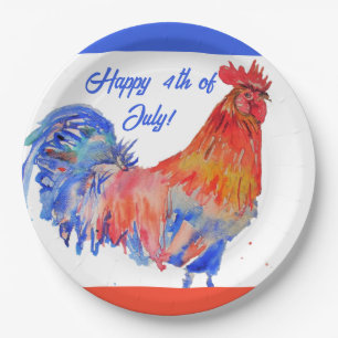Rooster Red Watercolor Birthday Party Paper Plate