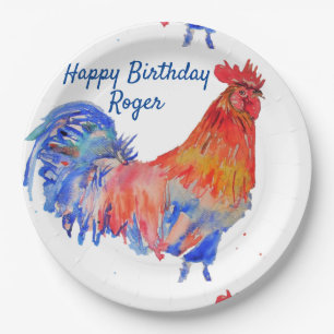 Rooster Red Watercolor Birthday Party Paper Plate