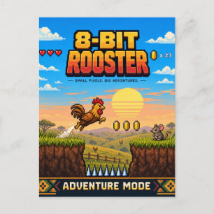 Rooster, Retro 8-Bit Pixel Art Postcard