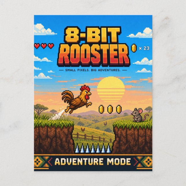 Rooster, Retro 8-Bit Pixel Art Postcard (Front)
