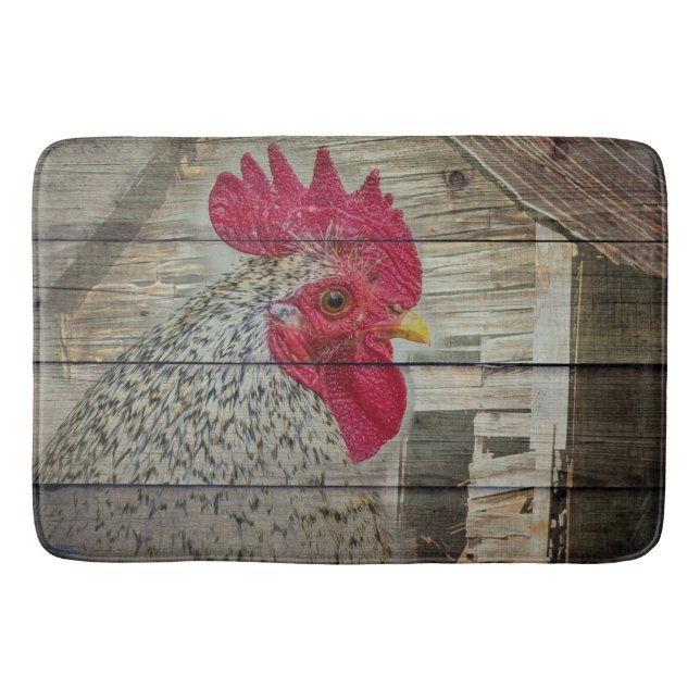 Rooster Rustic Chicken Coop Barn Board Bath Mat (Front)