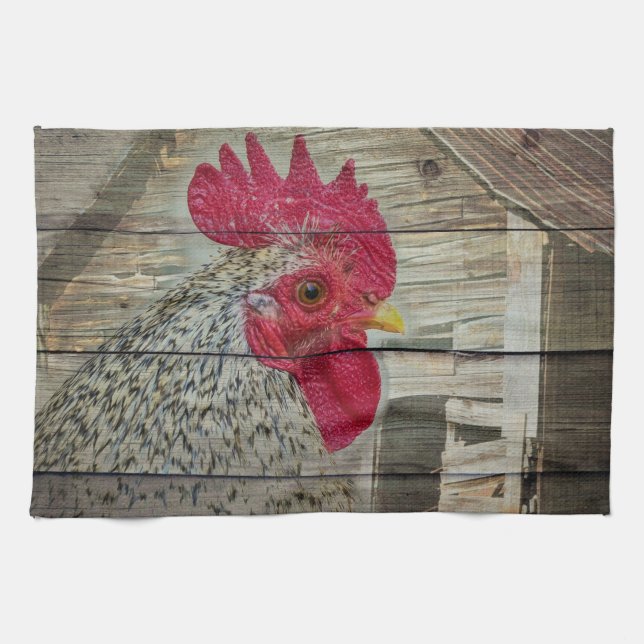 Rooster Rustic Chicken Coop Barn Board Tea Towel (Horizontal)