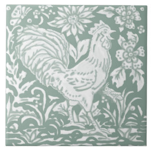 Rooster Sage Green Garden Scene Chicken Butterfly Tile