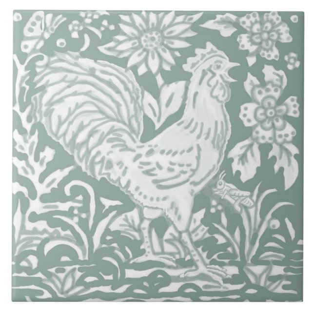 Rooster Sage Green Garden Scene Chicken Butterfly Tile (Front)