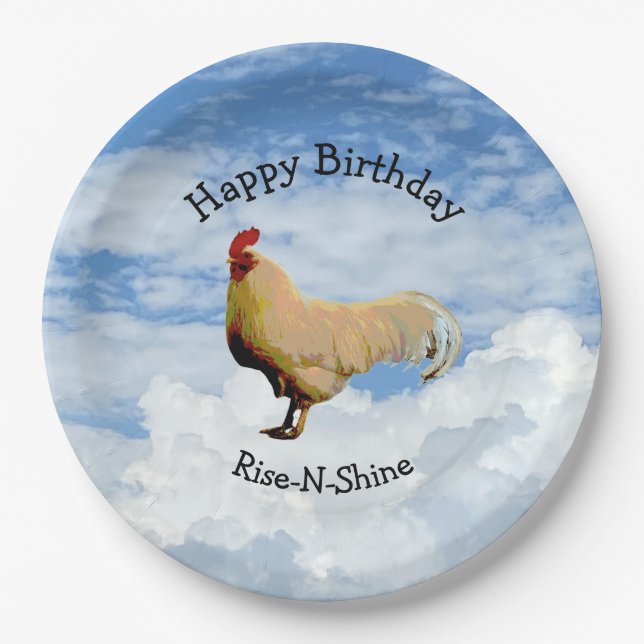 ROOSTER SKY CLOUDS HAPPY BIRTHDAY PAPER PLATE (Front)