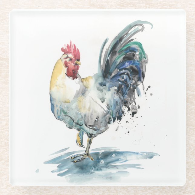 Rooster Splash - Watercolor Glass Coaster (Front)
