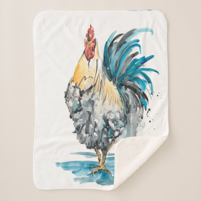 Rooster Splash - Watercolor Portrait Sherpa Blanket (Front)
