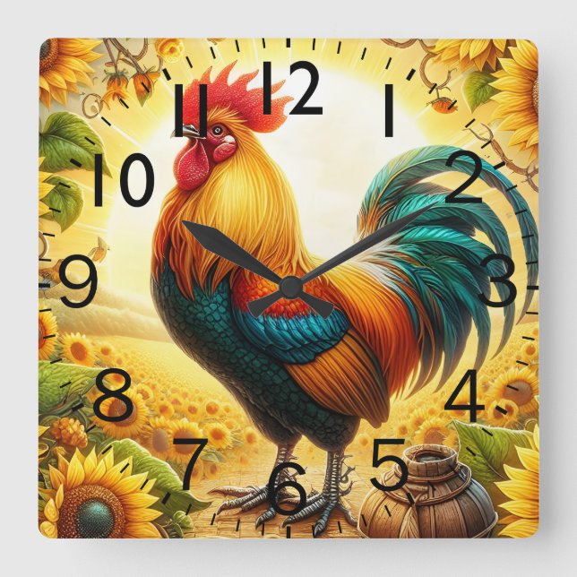 Rooster Square Wall Clock (Front)