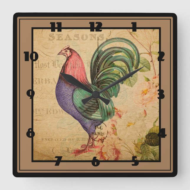 Rooster Square Wall Clock (Front)