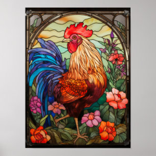Rooster Stained Glass Window Colorful Farmhouse Poster