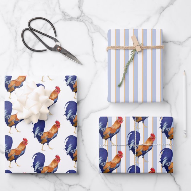 Rooster Stripes Wrapping Paper Flat Sheet Set of 3 (Front)