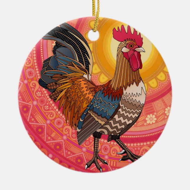 rooster sunrise pink ceramic tree decoration (Front)