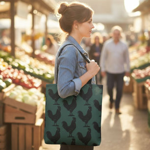 Rooster Tote Bag, Green and Black Chicken Design  Bag