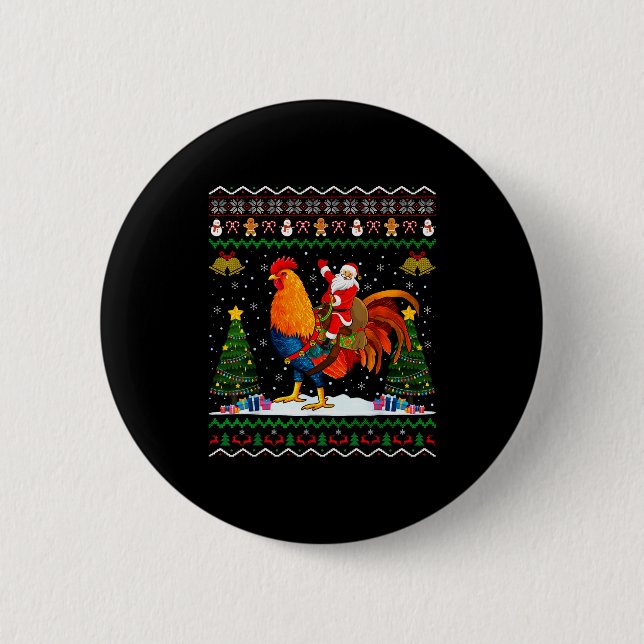 Rooster Ugly Xmas Gift Santa Riding Rooster Christ 6 Cm Round Badge (Front)