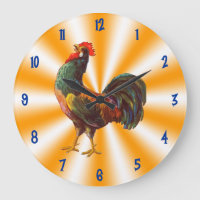 Rooster Vintage Art on Orange White Kitchen Clock
