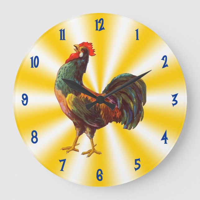 Rooster Vintage Art on Yellow White Kitchen Clock (Front)