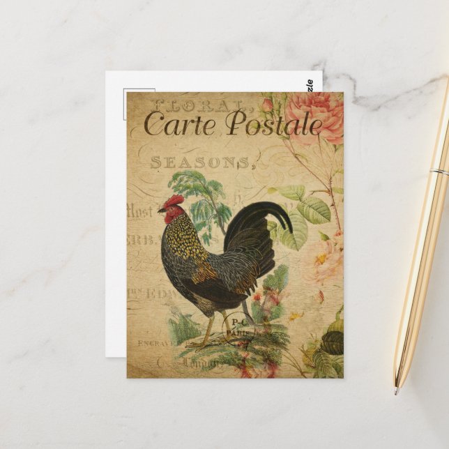 Rooster Vintage Floral French Postcard (Front/Back In Situ)