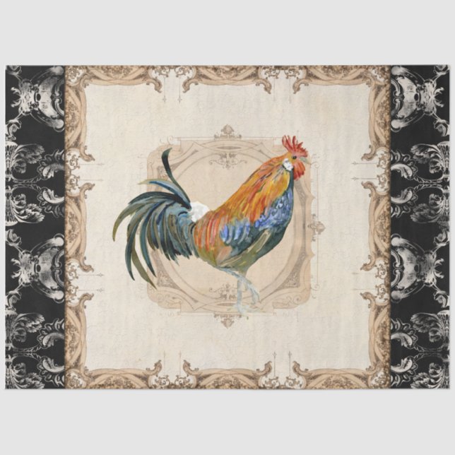 Rooster Vintage French Black Damask Decoupage Tissue Paper (Front)