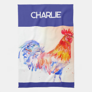 Rooster Watercolor Chicken Bird Cockerel Farm Tea Towel