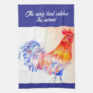 Rooster Watercolor Chicken Bird Cockerel Farm Tea Towel